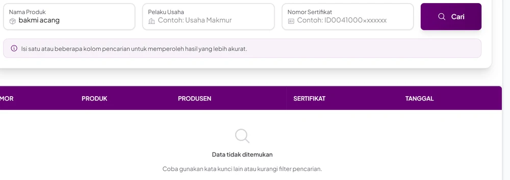 Hasil pencarian nama produk bakmi acang di Cek Produk Halal BPJPH dengan keterangan Data tidak ditemukan