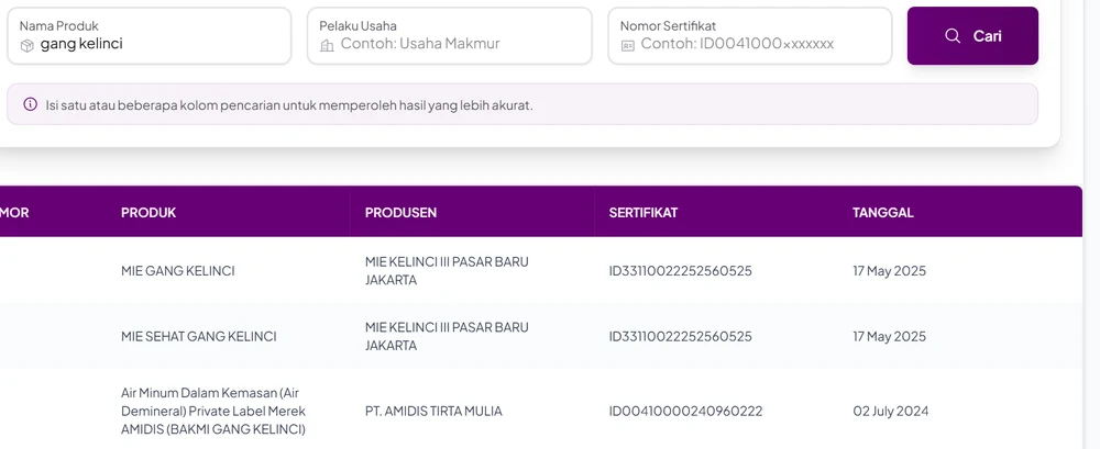 Hasil pencarian nama produk gang kelinci di Cek Produk Halal BPJPH: Mie Gang Kelinci dan Mie Sehat Gang Kelinci atas nama Mie Kelinci III Pasar Baru Jakarta, serta air minum dalam kemasan merek AMIDIS private label Bakmi Gang Kelinci dari PT Amidis Tirta Mulia