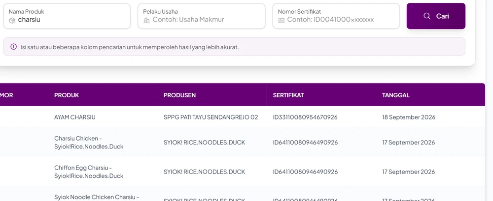 Hasil pencarian nama produk charsiu di Cek Produk Halal BPJPH: Ayam Charsiu, Charsiu Chicken, dan Chiffon Egg Charsiu dari berbagai usaha yang bersertifikat halal, tertanggal September 2026
