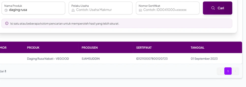 Hasil pencarian nama produk daging rusa di Cek Produk Halal BPJPH: satu-satunya hasil adalah Daging Rusa Nabati VEGOOD dari Sjamsuddin bernomor ID12110007800120723 tanggal 1 September 2023