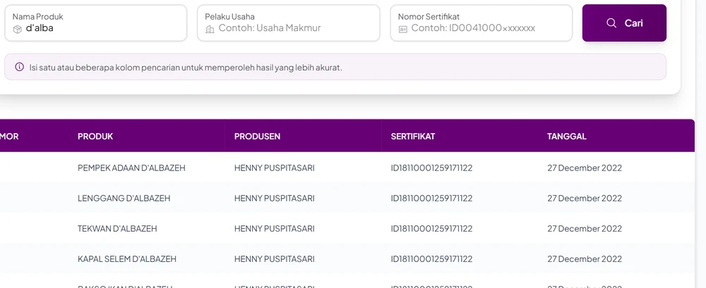 Hasil pencarian nama produk d'alba di Cek Produk Halal BPJPH: hasilnya hanya pempek, lenggang, tekwan, dan kapal selam bermerek D'Albazeh dari usaha lain, bukan kosmetik d'Alba