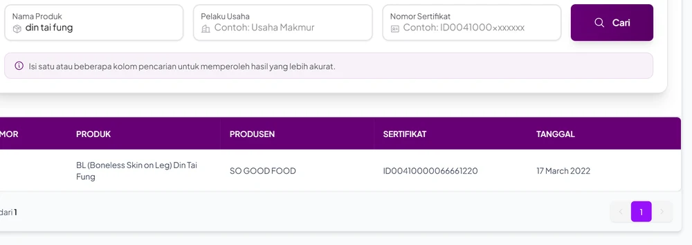 Hasil pencarian nama produk din tai fung di Cek Produk Halal BPJPH: satu-satunya hasil adalah BL (Boneless Skin on Leg) Din Tai Fung dari So Good Food bernomor ID00410000066661220 tanggal 17 Maret 2022