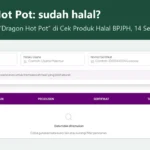Judul Dragon Hot Pot: sudah halal? di atas tangkapan layar pencarian Dragon Hot Pot di Cek Produk Halal BPJPH yang menampilkan keterangan Data tidak ditemukan, dicek 14 September 2026