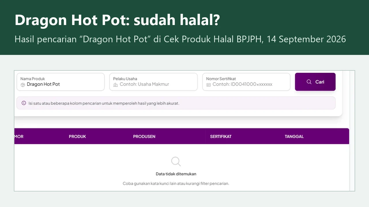 Judul Dragon Hot Pot: sudah halal? di atas tangkapan layar pencarian Dragon Hot Pot di Cek Produk Halal BPJPH yang menampilkan keterangan Data tidak ditemukan, dicek 14 September 2026