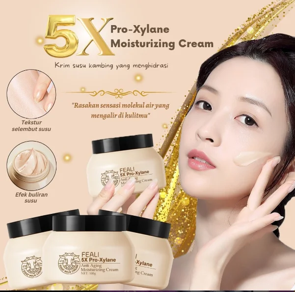 Iklan Feali 5X Pro-Xylane Moisturizing Cream, krim susu kambing dalam jar krem, dengan model perempuan