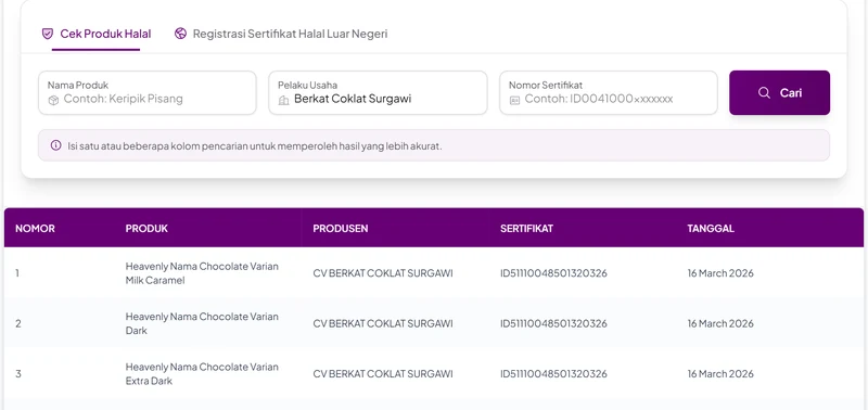 Hasil pencarian pelaku usaha Berkat Coklat Surgawi di situs Cek Produk Halal BPJPH: produk Heavenly Nama Chocolate dengan sertifikat ID51110048501320326 terbit 16 Maret 2026