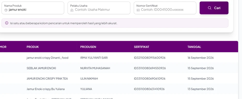 Hasil pencarian nama produk jamur enoki di Cek Produk Halal BPJPH: menu jamur enoki crispy dan seblak jamur enoki dari berbagai usaha kecil yang bersertifikat halal, tertanggal September 2026