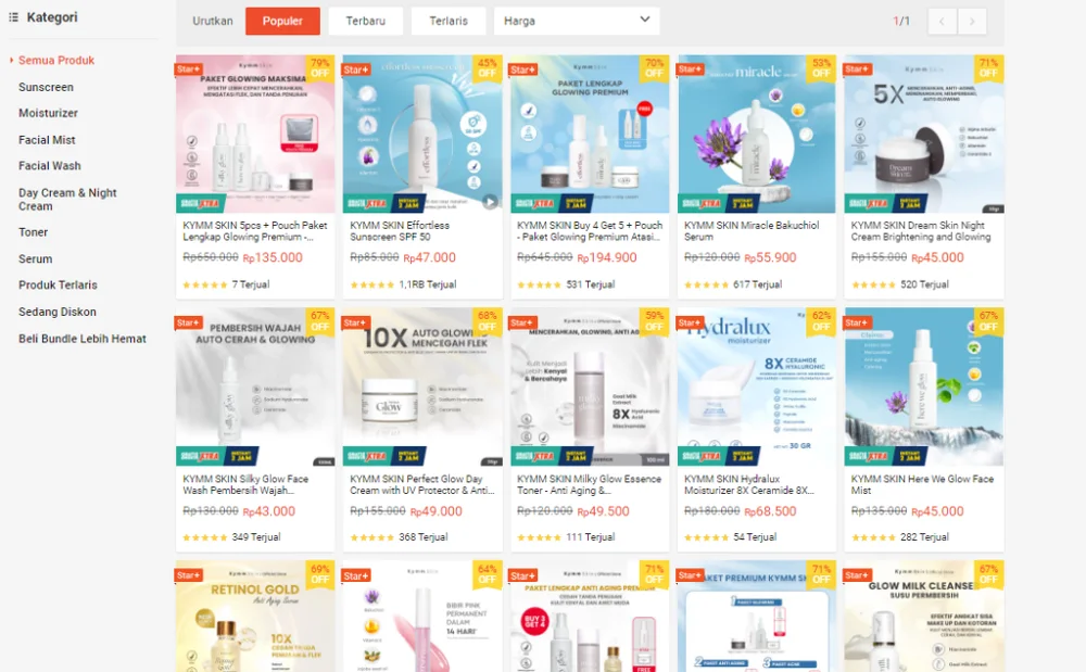 Katalog toko KYMM Skin di marketplace berisi paket skincare, sunscreen, serum, dan moisturizer beserta harga