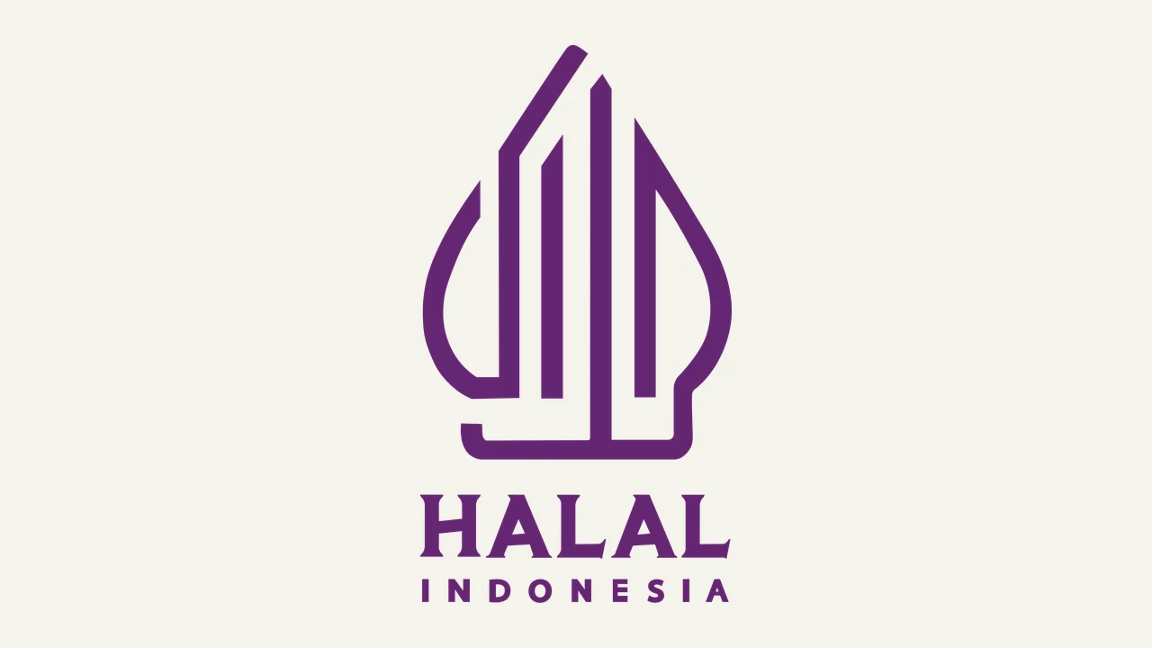 Label Halal Indonesia: gunungan wayang berwarna ungu yang menyusun kaligrafi kata halal, dengan tulisan HALAL INDONESIA di bawahnya