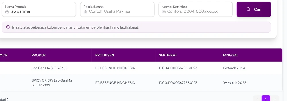 Hasil pencarian nama produk lao gan ma di Cek Produk Halal BPJPH: hanya dua hasil berupa perisa bernama Lao Gan Ma SC1178655 dan Spicy Crisp/Lao Gan Ma SC1073889 dari PT Essence Indonesia, bukan saus Lao Gan Ma