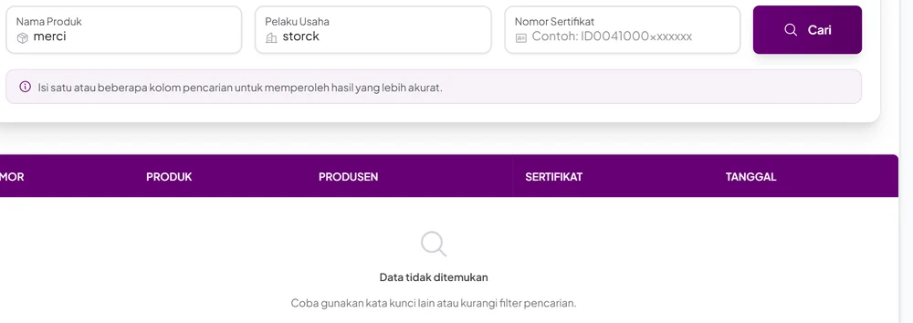 Hasil pencarian nama produk merci dengan pelaku usaha storck di Cek Produk Halal BPJPH dengan keterangan Data tidak ditemukan