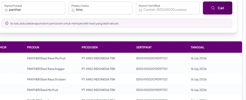 Hasil pencarian produk panther dengan pelaku usaha kino di Cek Produk Halal BPJPH: Panther Blast Rasa Mix Fruit, Anggur, dan Stroberi serta Panther Rasa Mix Fruit dari PT Kino Indonesia Tbk bernomor sertifikat ID00410000190971121 tanggal 16 Juli 2026