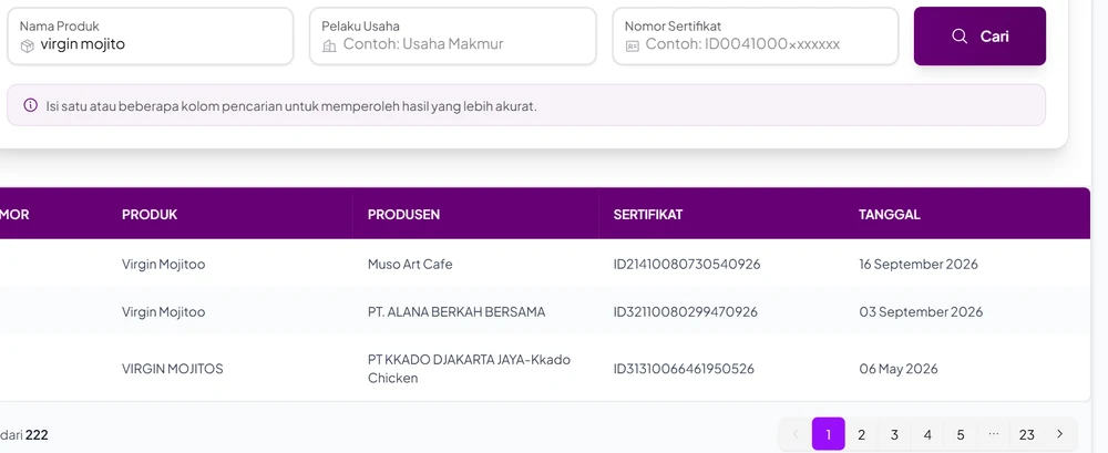 Hasil pencarian nama produk virgin mojito di Cek Produk Halal BPJPH: Virgin Mojitoo dari Muso Art Cafe dan PT Alana Berkah Bersama serta Virgin Mojitos dari Kkado Chicken, dengan total 222 hasil