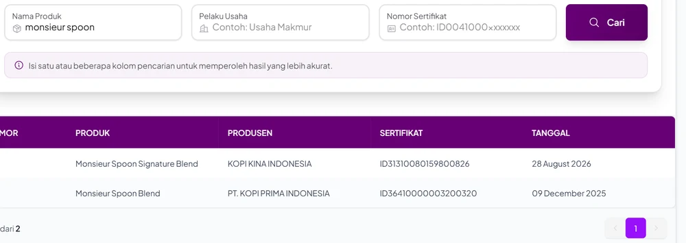 Hasil pencarian nama produk monsieur spoon di Cek Produk Halal BPJPH: hanya dua hasil, yaitu kopi Monsieur Spoon Signature Blend dari Kopi Kina Indonesia dan Monsieur Spoon Blend dari PT Kopi Prima Indonesia