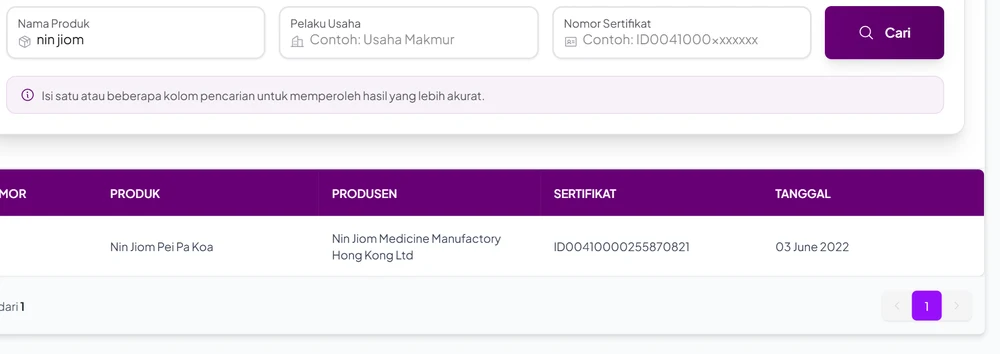 Hasil pencarian nama produk nin jiom di Cek Produk Halal BPJPH: Nin Jiom Pei Pa Koa dari Nin Jiom Medicine Manufactory Hong Kong Ltd bernomor sertifikat ID00410000255870821 tanggal 3 Juni 2022