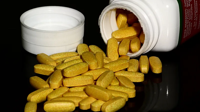 Tablet suplemen vitamin B keluar dari botolnya Puluhan tablet vitamin B berwarna kuning tumpah dari botol plastik putih tanpa merek di atas permukaan hitam mengilap