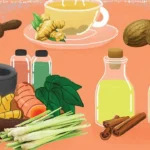 Ilustrasi bahan jamu: jahe, kunyit, serai, cengkih, kayu manis, bunga lawang, lumpang batu, dan botol minuman herbal