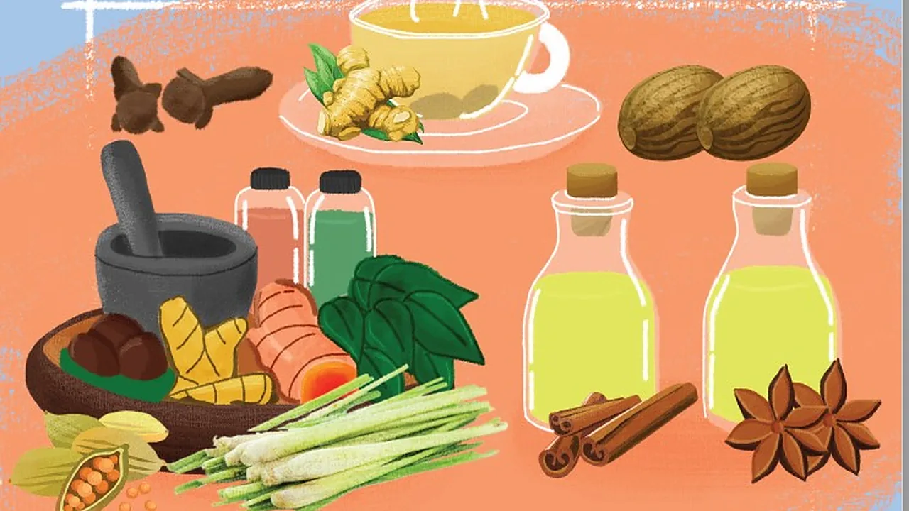 Ilustrasi bahan jamu: jahe, kunyit, serai, cengkih, kayu manis, bunga lawang, lumpang batu, dan botol minuman herbal