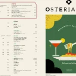 Menu minuman Osteria Gia berisi koktail Negroni, Spritz, wine, dan bir di samping sampul menu bertuliskan Osteria Gia