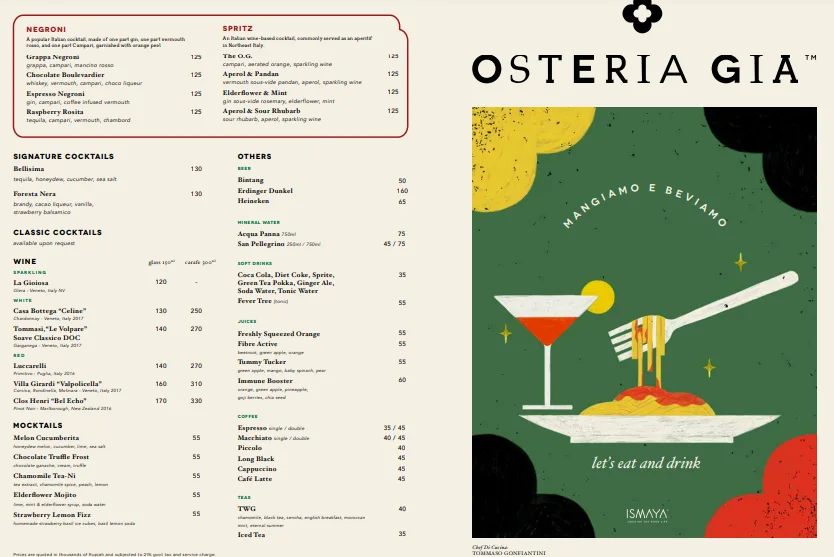 Menu minuman Osteria Gia berisi koktail Negroni, Spritz, wine, dan bir di samping sampul menu bertuliskan Osteria Gia