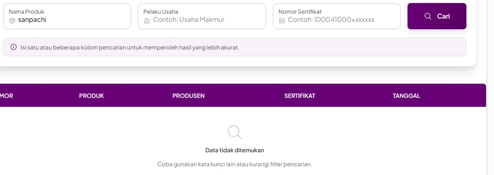 Hasil pencarian nama produk sanpachi di Cek Produk Halal BPJPH dengan keterangan Data tidak ditemukan