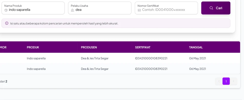 Hasil pencarian produk indo saparella dengan pelaku usaha dea di Cek Produk Halal BPJPH: Indo Saparella dari Dea & Jes Tirta Segar bernomor sertifikat ID34210000108390221 tanggal 6 Mei 2021