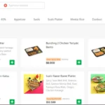 Halaman menu Sushi Yay di GrabFood berisi sushi platter dan bento beserta harga