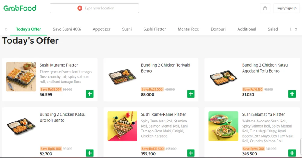 Halaman menu Sushi Yay di GrabFood berisi sushi platter dan bento beserta harga