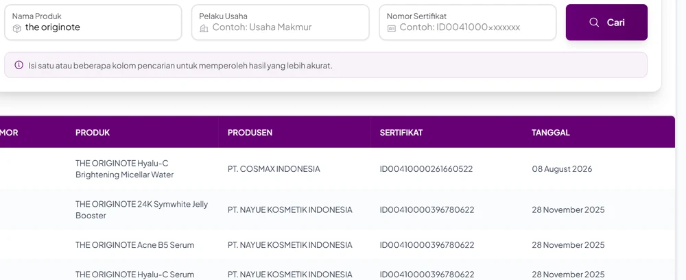 Hasil pencarian nama produk the originote di Cek Produk Halal BPJPH: The Originote Hyalu-C Brightening Micellar Water dari PT Cosmax Indonesia bernomor ID00410000261660522 tanggal 8 Agustus 2026, serta 24K Symwhite Jelly Booster, Acne B5 Serum, dan Hyalu-C Serum dari PT Nayue Kosmetik Indonesia bernomor ID00410000396780622