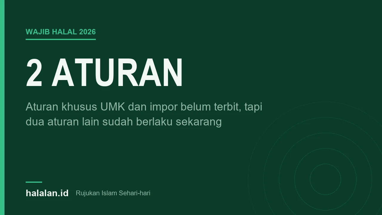 Kartu bertuliskan dua aturan yang sudah berlaku untuk UMK dan produk impor, latar hijau tua