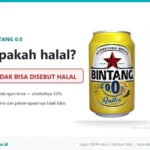 Kaleng Bintang 0.0 Radler Lemon berwarna kuning dengan logo bintang merah, di sampingnya teks Apakah halal dan kotak merah bertuliskan tidak bisa disebut halal