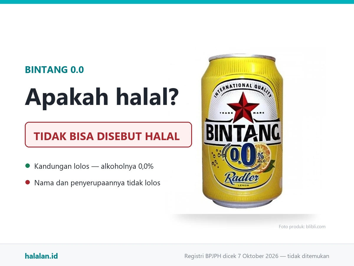 Kaleng Bintang 0.0 Radler Lemon berwarna kuning dengan logo bintang merah, di sampingnya teks Apakah halal dan kotak merah bertuliskan tidak bisa disebut halal