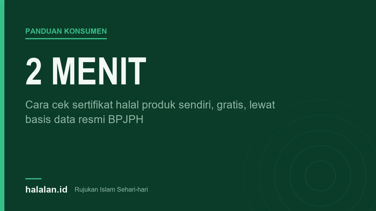 Kartu bertuliskan 2 menit dengan keterangan cara cek sertifikat halal produk sendiri lewat basis data resmi BPJPH