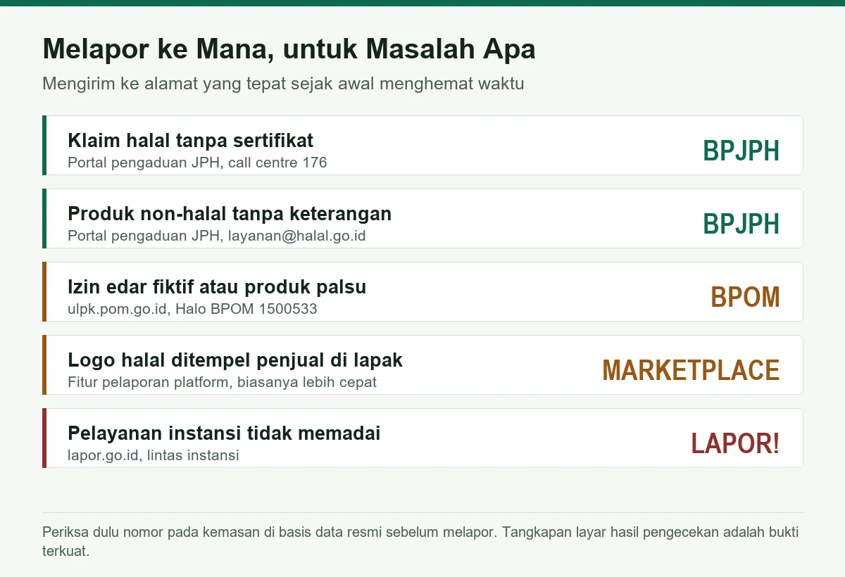 Tabel pemetaan jenis masalah ke instansi tujuan: klaim halal tanpa sertifikat ke BPJPH, izin edar fiktif ke BPOM, logo palsu di lapak ke marketplace, pelayanan instansi ke LAPOR