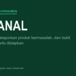 Kartu bertuliskan tiga kanal pelaporan produk bermasalah, latar hijau tua dengan logo Halalan.id