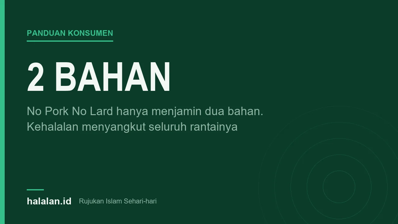 Kartu bertuliskan 2 bahan dengan keterangan bahwa label No Pork No Lard hanya menjamin dua bahan, bukan seluruh rantai kehalalan