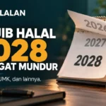 Wajib halal 2028: ilustrasi kalender tenggat sertifikasi untuk kosmetik dan UMK.