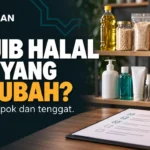 Wajib halal: ilustrasi berbagai kelompok produk dan daftar pemeriksaan tenggat.