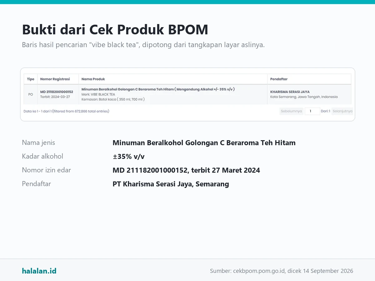 Baris hasil pencarian Cek Produk BPOM untuk vibe black tea: Minuman Beralkohol Golongan C Beraroma Teh Hitam mengandung alkohol sekitar 35 persen, nomor MD 211182001000152, pendaftar Kharisma Serasi Jaya