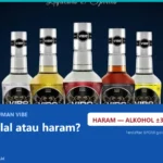 Jajaran lima botol minuman keras VIBE Liqueurs and Spirits berlatar biru tua, dengan teks Halal atau haram dan kotak putih bertuliskan haram alkohol 35 persen