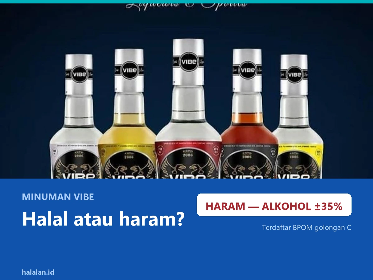 Jajaran lima botol minuman keras VIBE Liqueurs and Spirits berlatar biru tua, dengan teks Halal atau haram dan kotak putih bertuliskan haram alkohol 35 persen