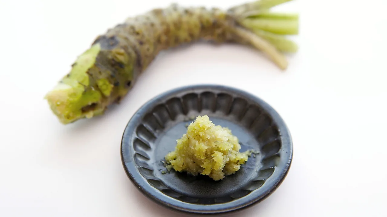 Rimpang wasabi segar berwarna hijau kecokelatan dengan pangkal batang, di sebelahnya sepiring kecil keramik hitam berisi wasabi parut